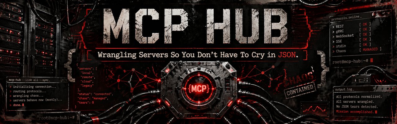MCP Hub command bunker interface with a red MCP core and connected server controls